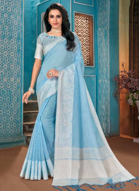 Sky Blue Colour ASHIKA HAKOBA Stylish Festive Wear Fancy Cotton Linen With Resham Border Designer Saree Collection H 08